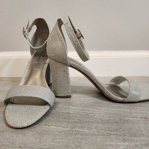 Worthington Beckwith Silver Sparkle Ankle Strap Open Toe Heels